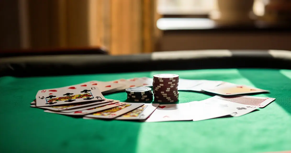Pelikortteja ja pelimerkkej&auml; vihre&auml;ll&auml; blackjack-p&ouml;yd&auml;ll&auml;