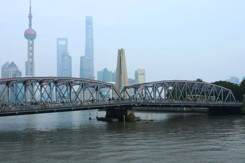View of Waibaidu Bridge and Shanghai skyline on a clear day with iconic skyscrapers in background.
