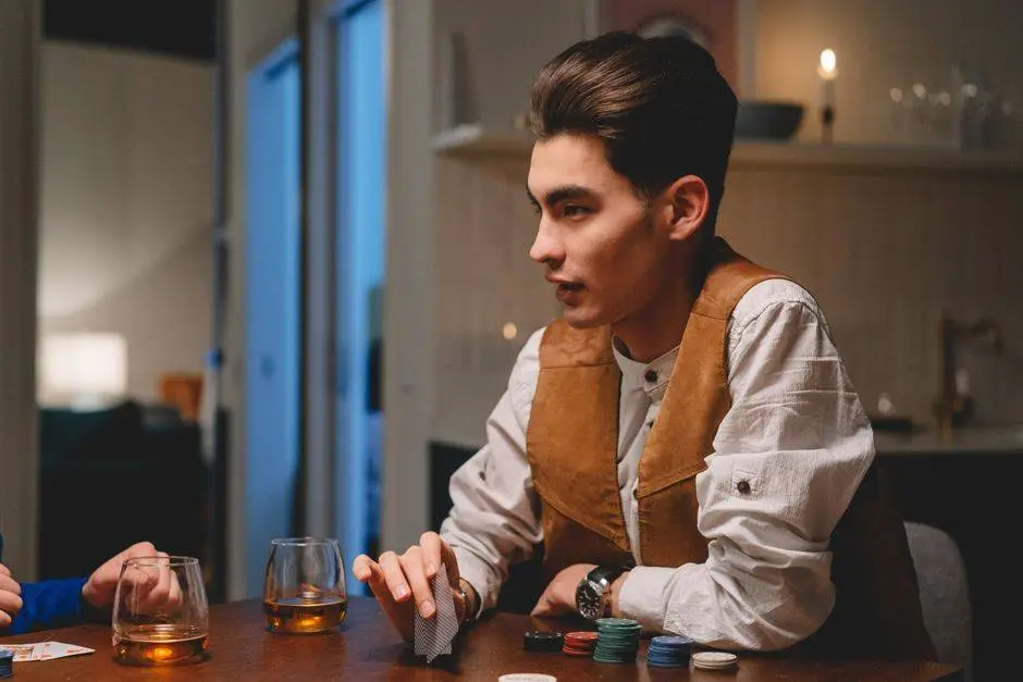 A young man in focus enjoys a game of poker indoors with drinks and poker chips on a table.