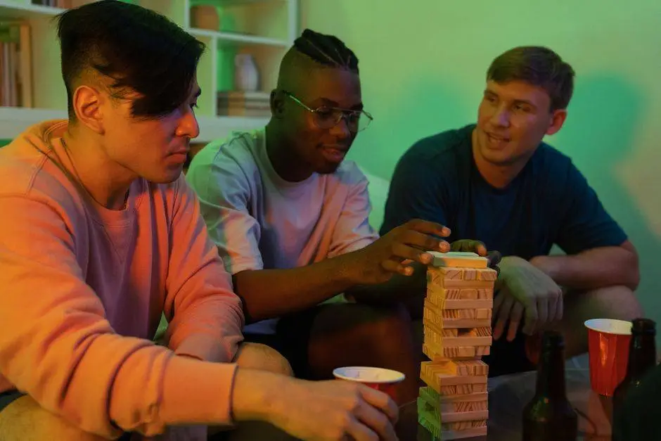 Three men playing Jenga together indoors. Fun and leisure in a cozy setting.