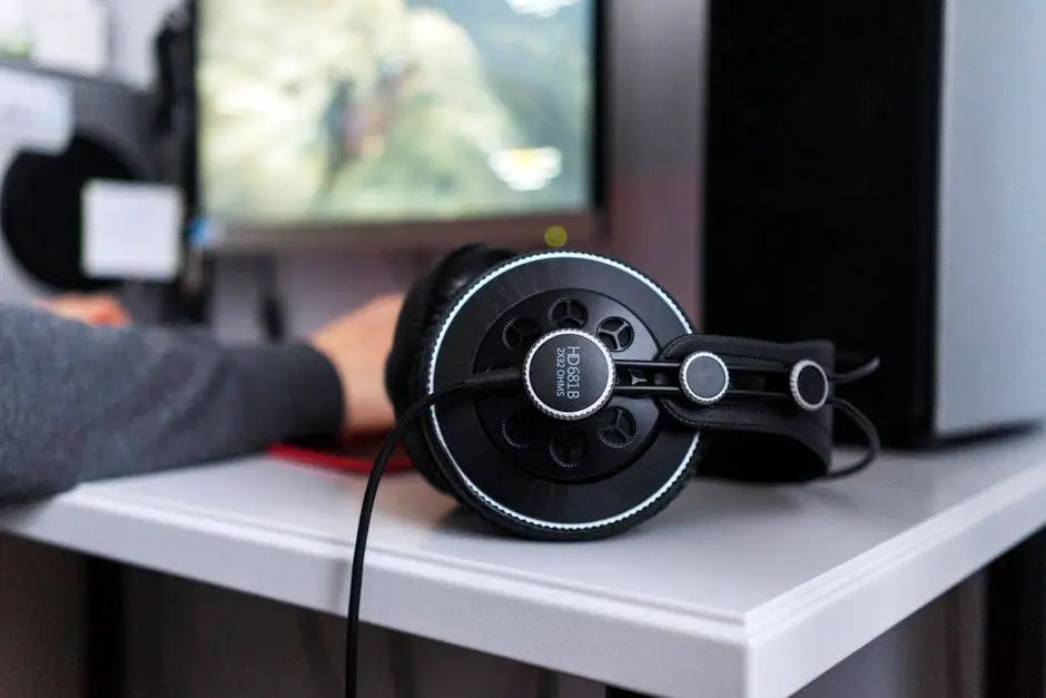 Black headphones resting on a desk in front of a blurred computer monitor. Modern workspace.