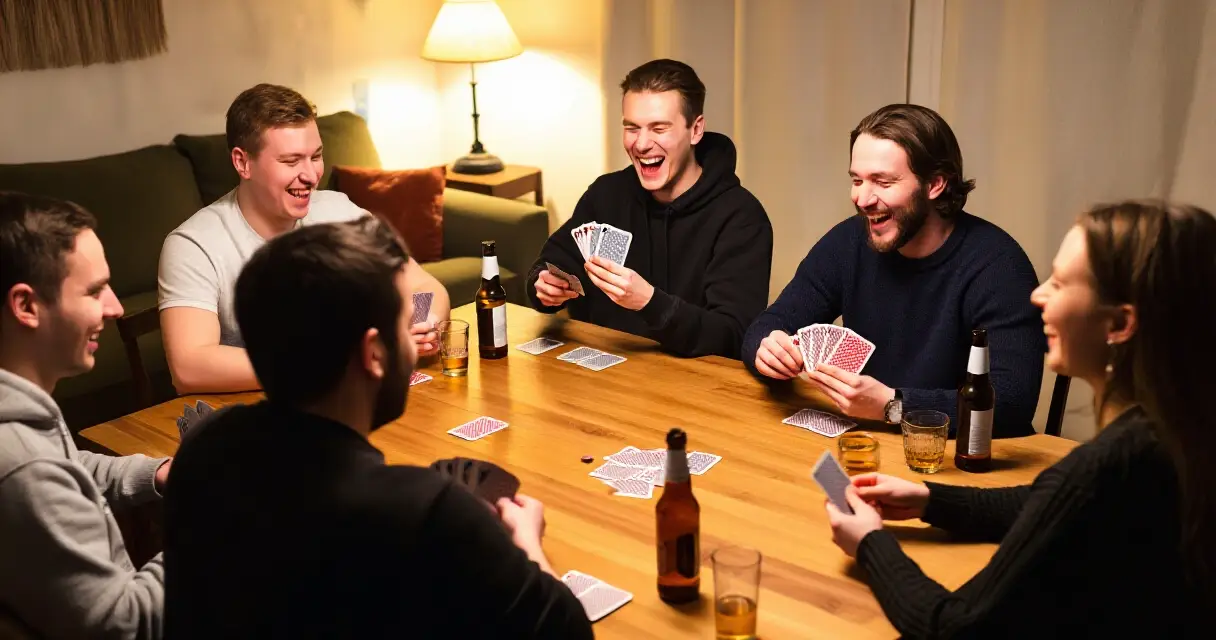 Ystäväporukka pelaa korttipeliä pöydän ympärillä kodikkaassa olohuoneessa