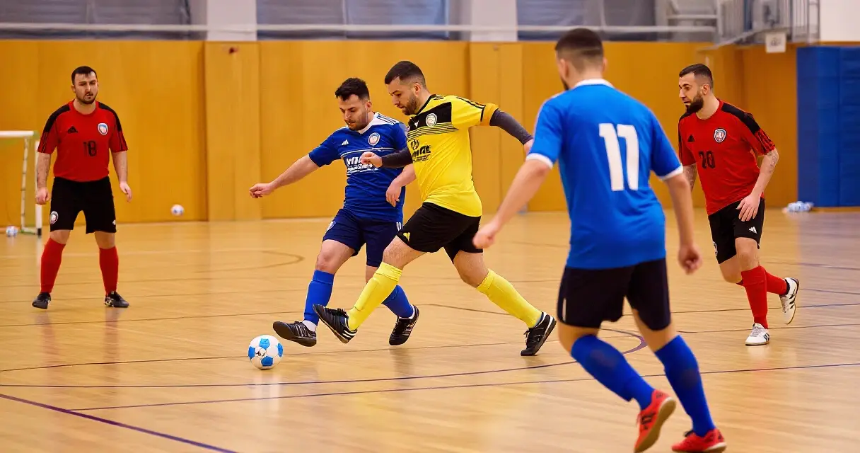 Futsalpelaajia sisäkentällä pelaamassa ottelua