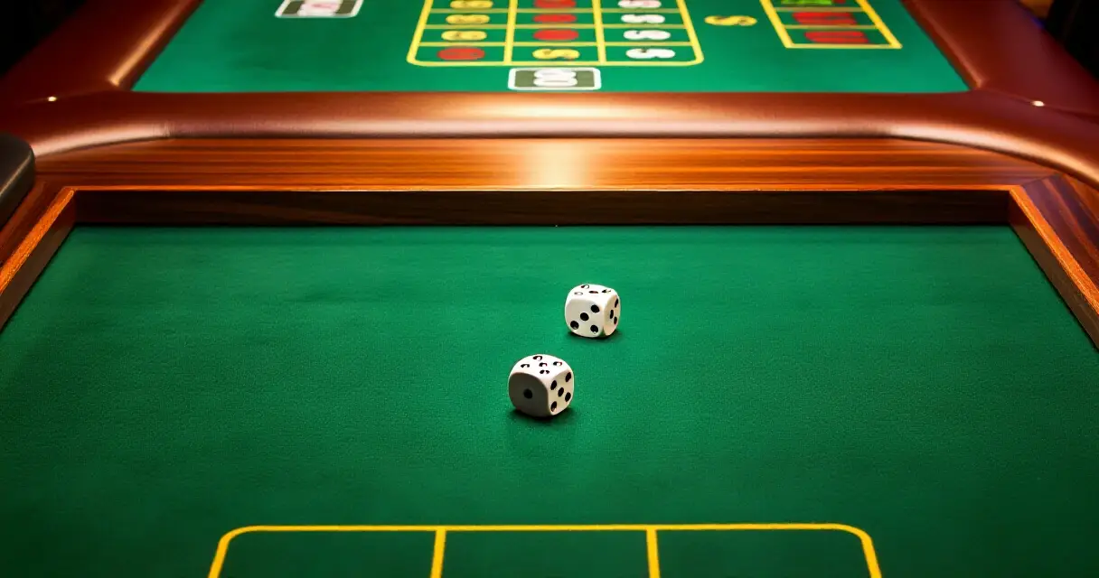 Craps-pöytä kahdella nopalla – noppapelin pelialuetta ylhäältä kuvattuna