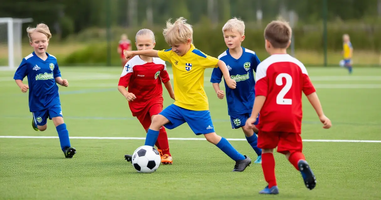 Lapsia pelaamassa jalkapalloa pienellä nurmikentällä Suomessa