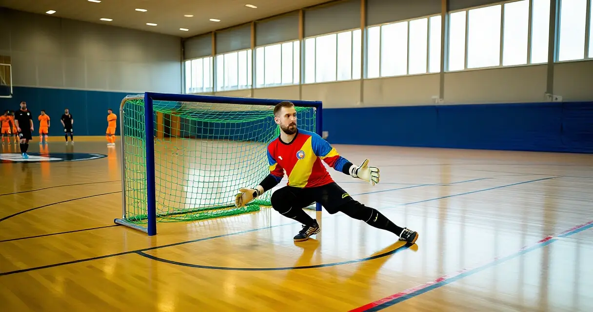 Futsal maalivahti suojaa maaliaan sis&auml;hallissa futsalottelussa