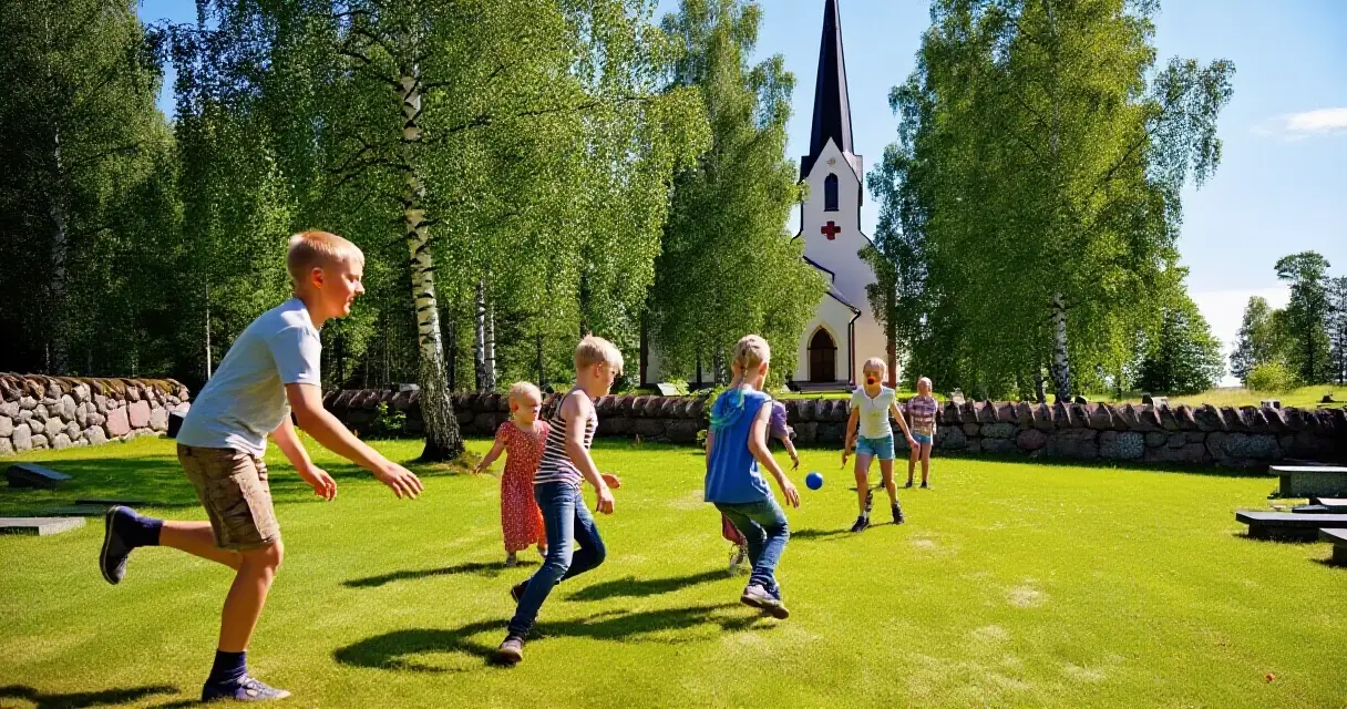 Lapsia leikkimässä kirkonrottaa kirkkopihamaastossa kesäauringossa